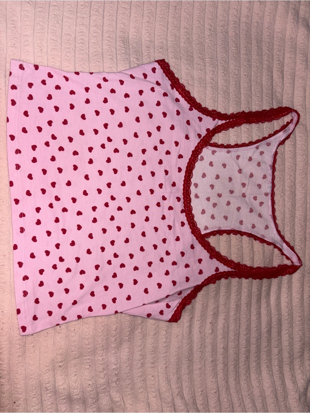 Pink Heart Print Tank Top with Red Trim